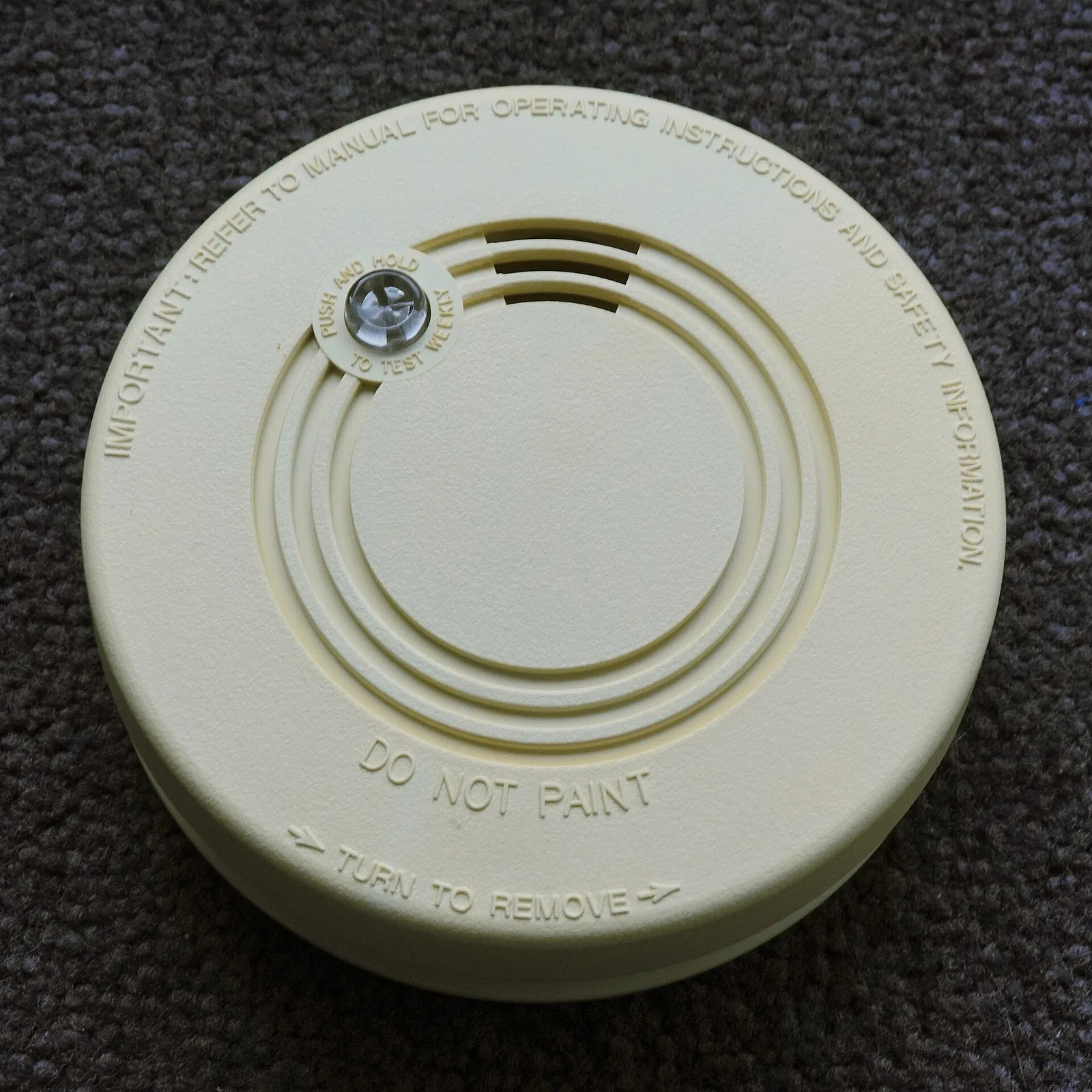 A battery smoke detector with its push-to-test button. It is not one of the donated detectors.