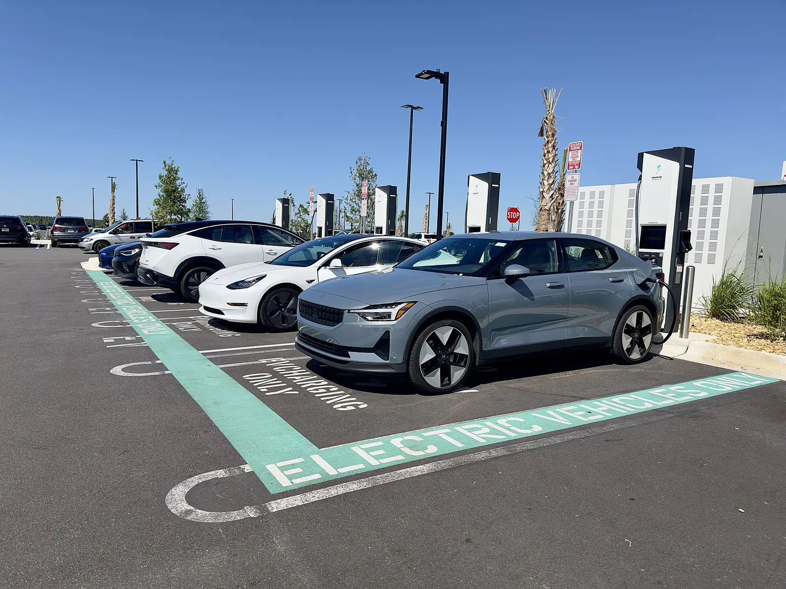 Electric vehicle chargers at the Costco on State Road 50 in Clermont, about a mile northeast of Waterbrooke