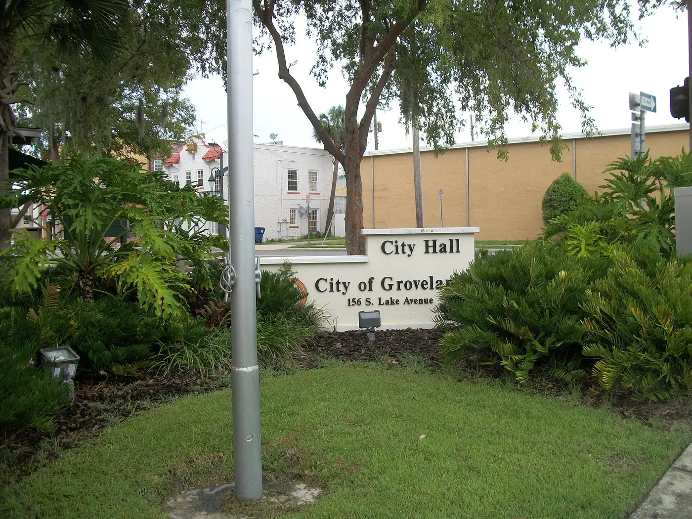 The Groveland City Hall sign seen from State Road 50 in Groveland, the city where South Lake High stands