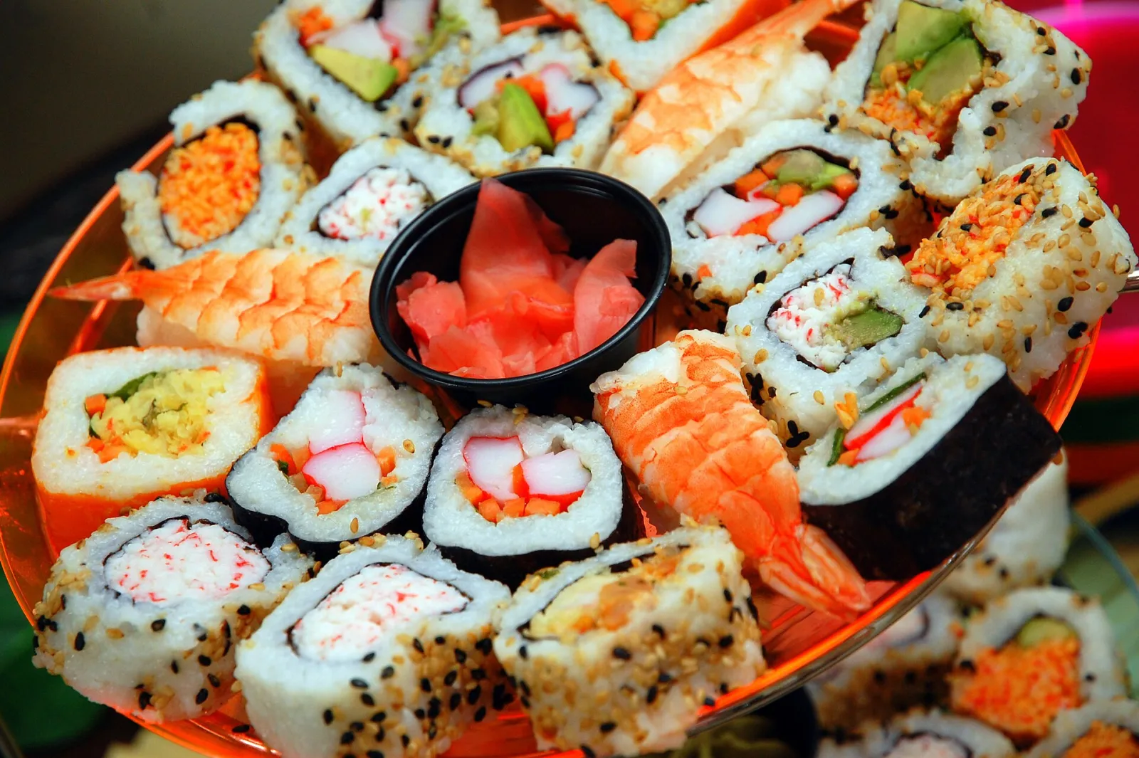 An assortment of sushi on a plate. The photo was not taken at a Clermont restaurant.